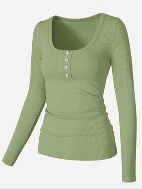 OQQ Green Ribbed Scoop Neck Henley Top Medium NWOT